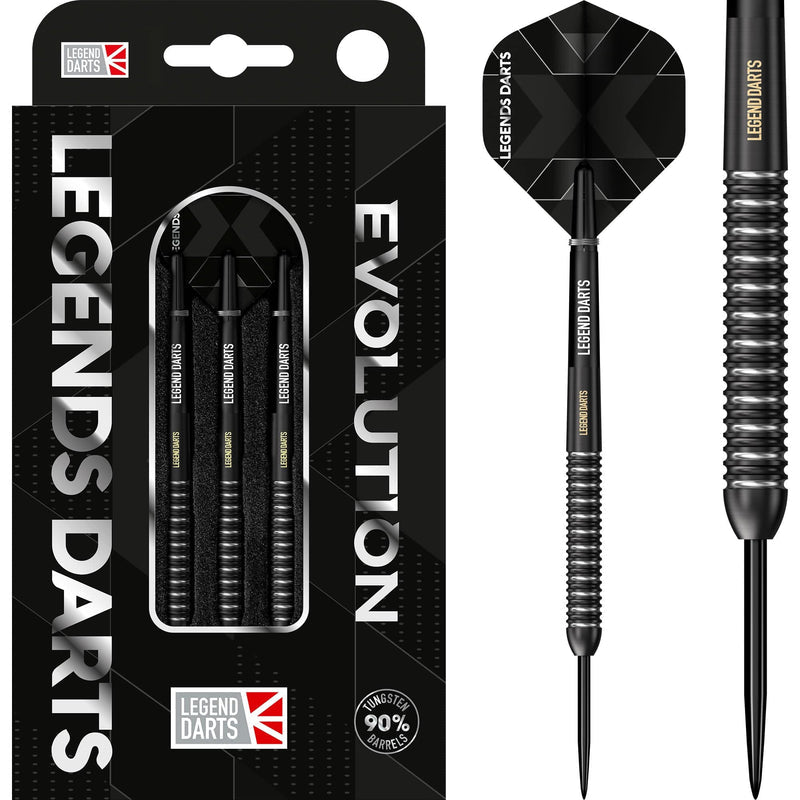 Legend Darts Evolution Series B07 Black Multi Ring Steel Tip Darts 90% — dart, barrel detail and packaging
