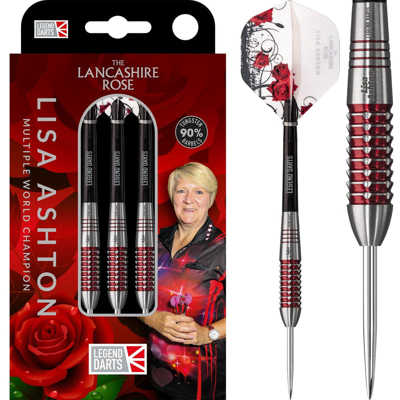 Legend Darts Lisa Ashton Lancashire Rose Steel Tip Darts 90% Tungsten — dart, barrel detail and packaging