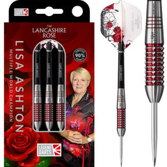 Legend Darts Lisa Ashton Lancashire Rose Steel Tip Darts 90% Tungsten — dart, barrel detail and packaging