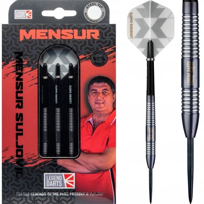 Legend Darts Mensur Suljovic Steel Tip Darts 90% Tungsten — dart, barrel detail and packaging