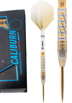 Caliburn Leopard steel tip darts – assembled dart, barrel close-up and retail box
