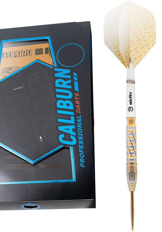 Caliburn Leopard steel tip darts – assembled dart and black retail box