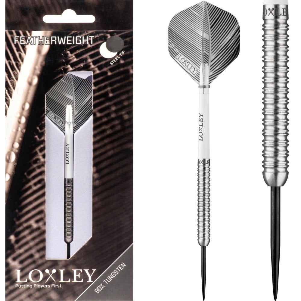 Loxley Featherweight Black Steel Tip Darts 90% Tungsten — dart, barrel detail and packaging