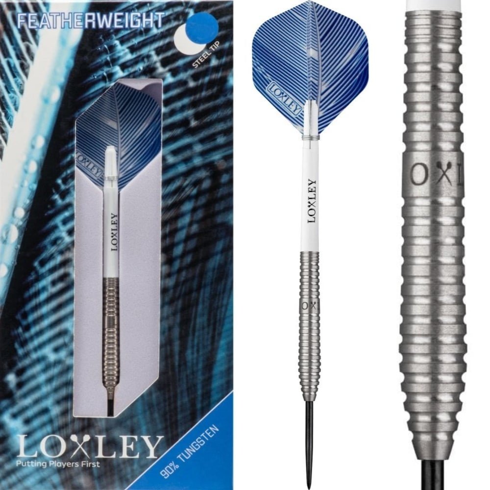 Loxley Featherweight Blue Steel Tip Darts 90% Tungsten — dart, barrel detail and packaging