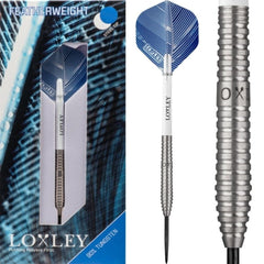 Loxley Featherweight Blue Steel Tip Darts 90% Tungsten — dart, barrel detail and packaging