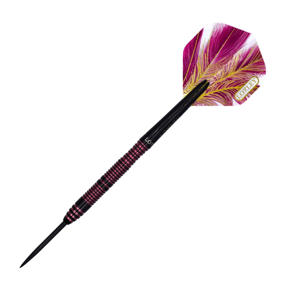 Loxley Flamingo 95% tungsten assembled steel tip dart angled view