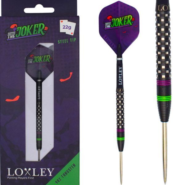 Loxley The Joker Steel Tip Darts 90% Tungsten — dart, barrel detail and packaging