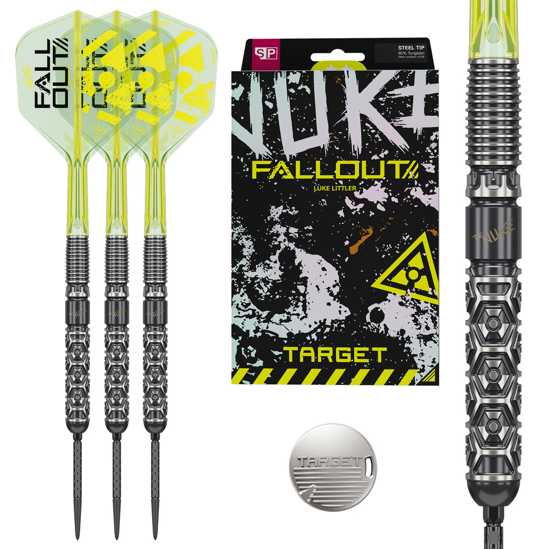 Luke Littler Nuke Fallout Steel Tip Darts - 90% Tungsten – full dart set and packaging