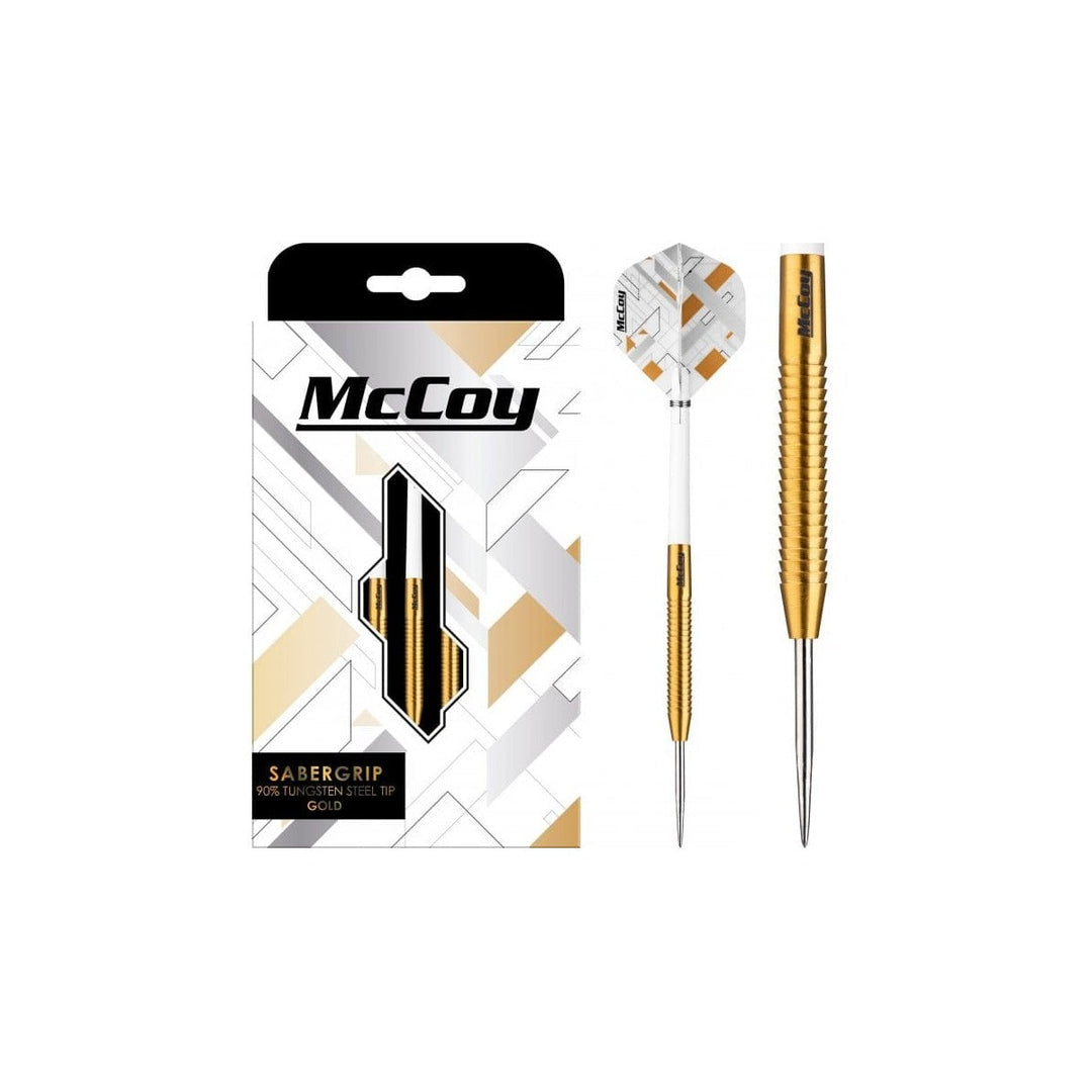McCoy Sabergrip Gold 24g 90% tungsten steel tip darts set with packaging