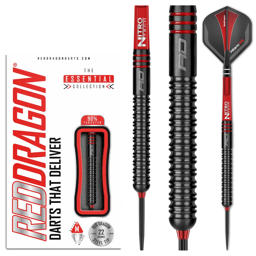 Red Dragon Milano RS Steel Tip Darts 90% Tungsten — dart, barrel detail and packaging