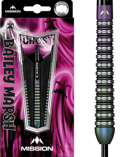 Mission Bailey Marsh Ghost Steel Tip Darts 90% Tungsten — dart, barrel detail and packaging