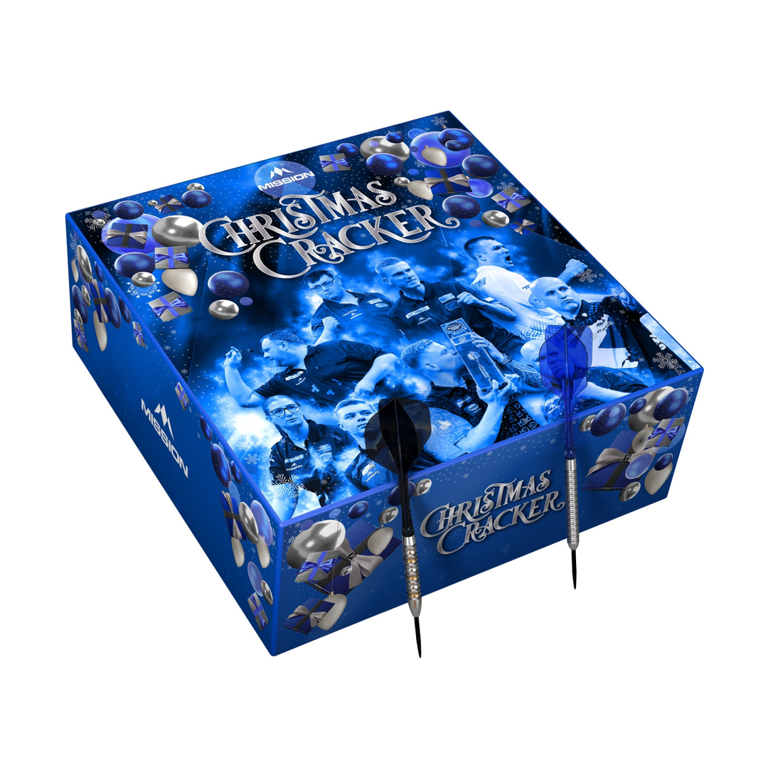 Mission Christmas Cracker limited-edition gift set; supplied collector’s box with representative included darts on white.