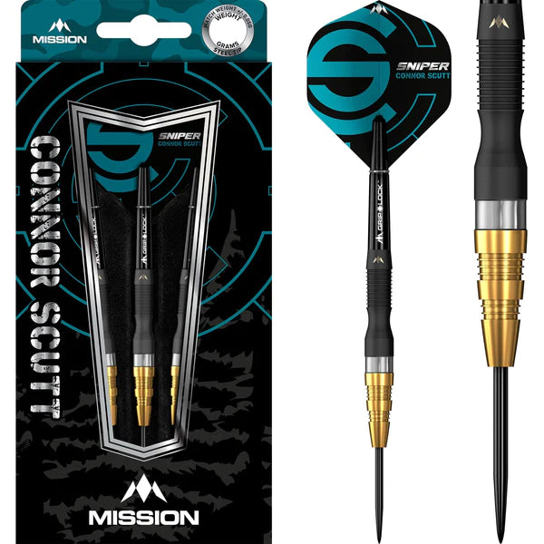 Mission Connor Scutt Black and Gold darts with packaging and barrel close-up
