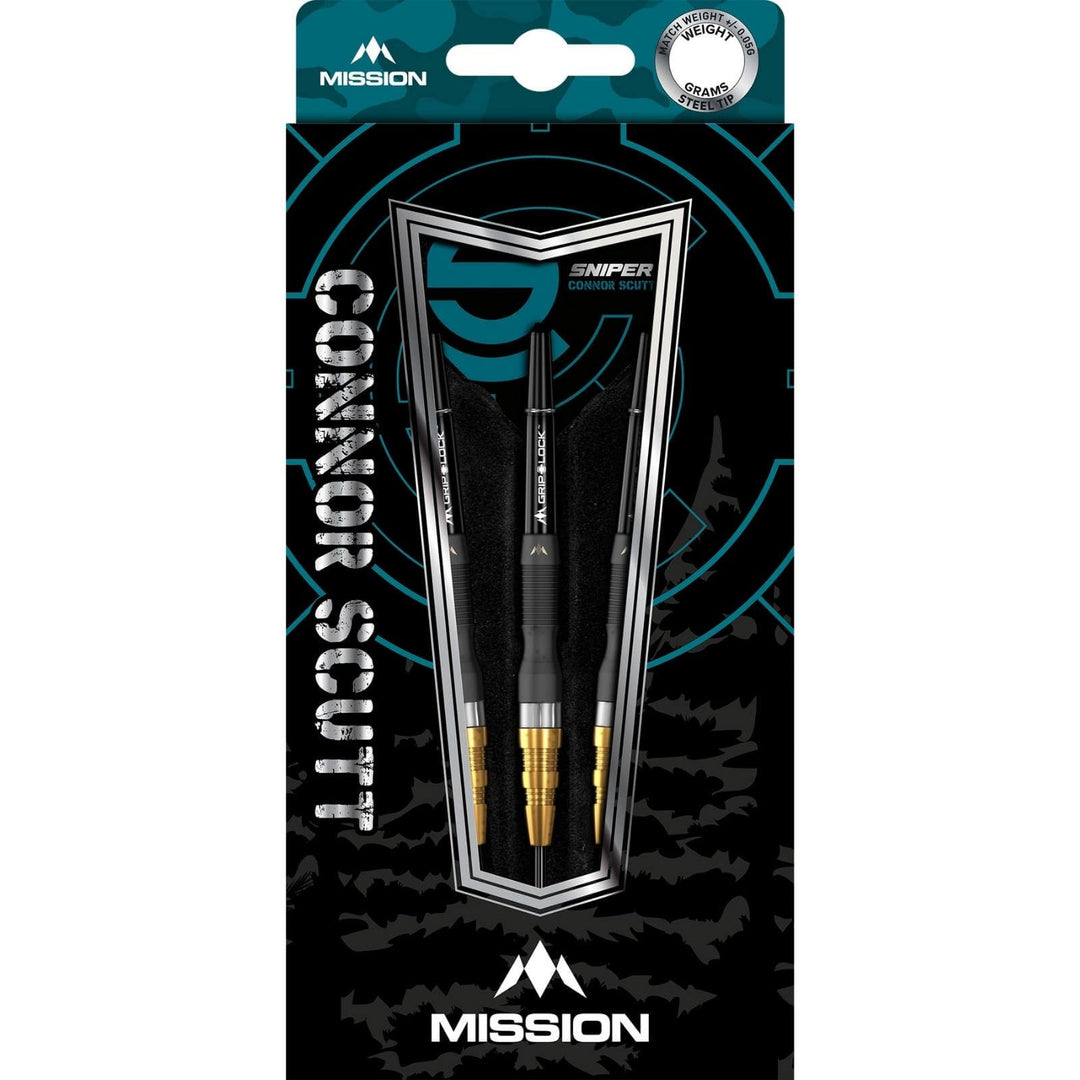 Connor Scutt Black & Gold Steel Tip Darts – black and teal Mission retail packaging