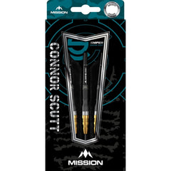 Connor Scutt Black & Gold Steel Tip Darts – black and teal Mission retail packaging