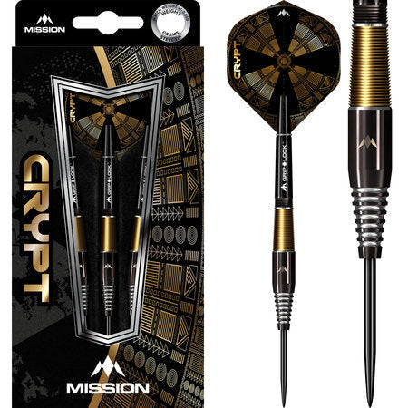 Mission Crypt M2 90% Tungsten Darts — dart, barrel detail and packaging