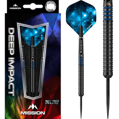 Mission Deep Impact M1 Blue Steel Tip Darts 80% Tungsten — dart, barrel detail and packaging