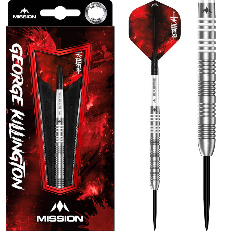 Mission George Killington Steel Tip Darts 95% Tungsten — dart, barrel detail and packaging