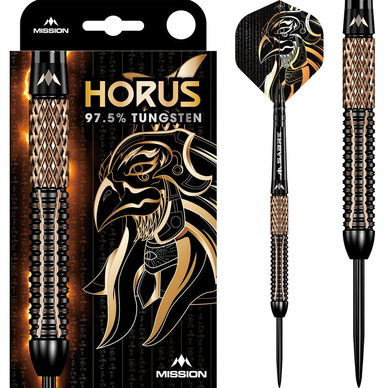 Mission Horus 97.5% Tungsten darts – dart, barrel close-up and packaging