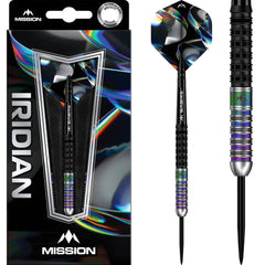 Mission Iridian Steel Tip Darts 90% Tungsten — dart, barrel detail and packaging