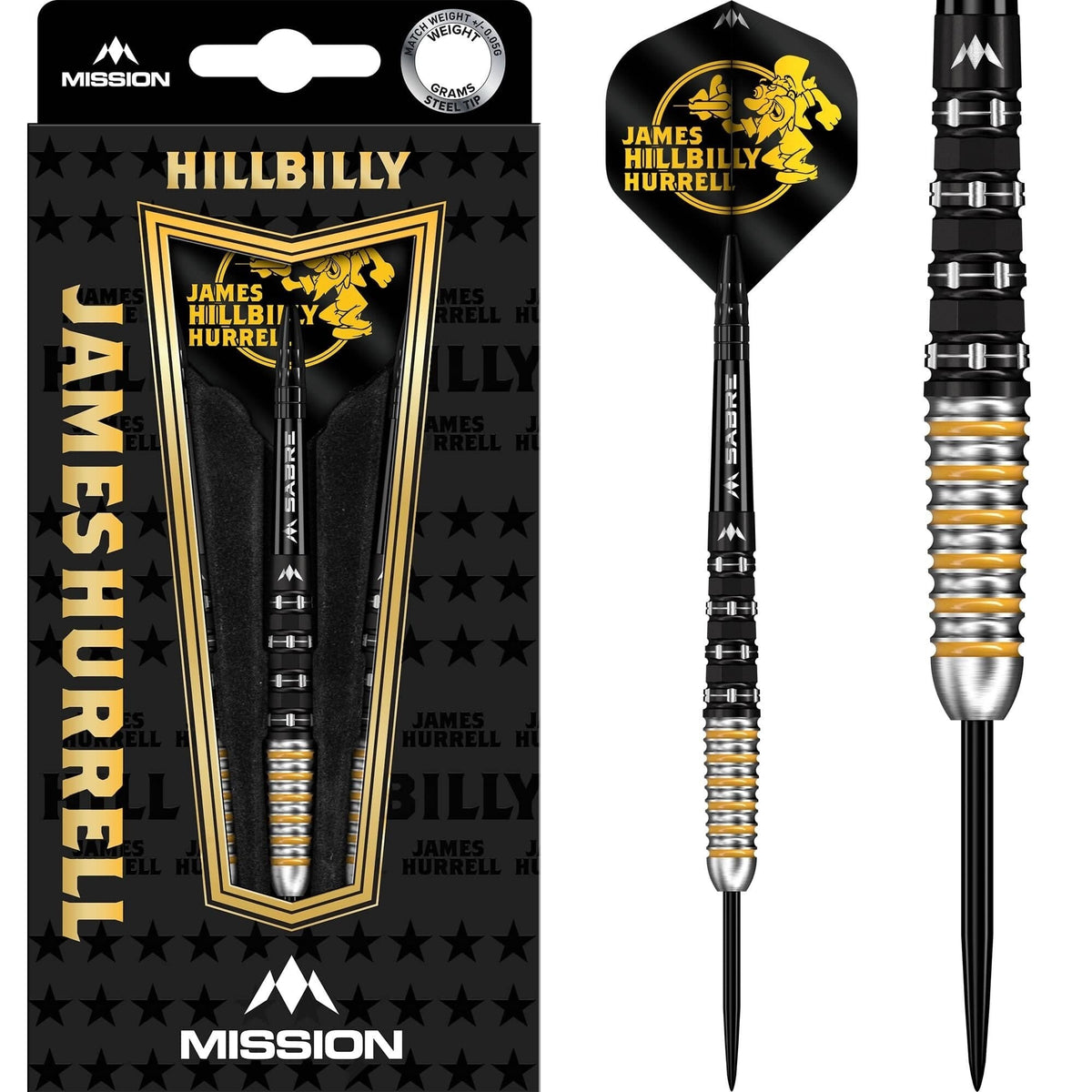 James Hurrell Black & Yellow V2 Steel Tip Darts - 95% Tungsten — three barrel close-ups