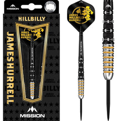 Mission James Hurrell Black Pvd and Yellow V2 Steel Tip Darts 95% — dart, barrel detail and packaging