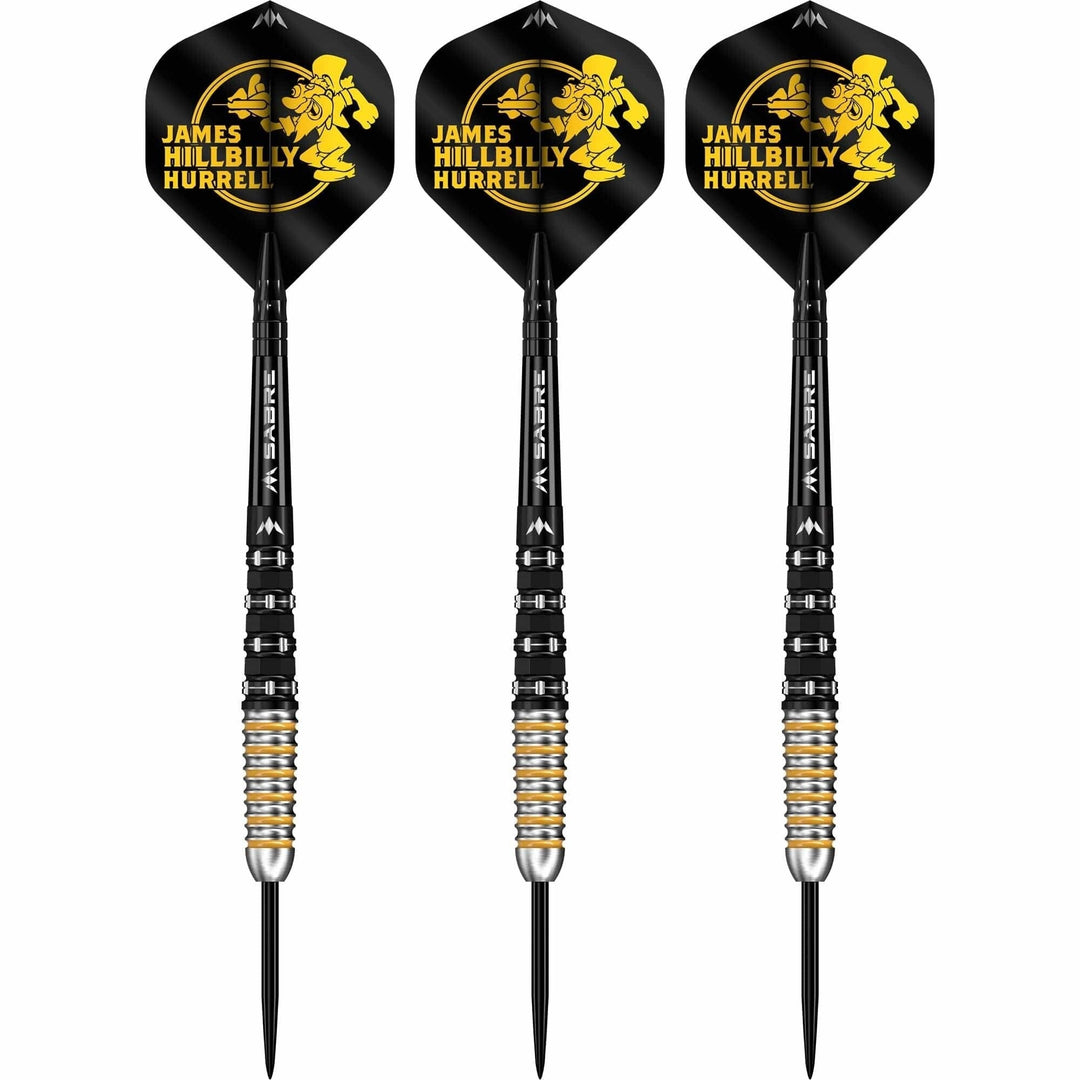 Mission James Hurrell Black Pvd and Yellow V2 Steel Tip Darts 95% — three assembled darts
