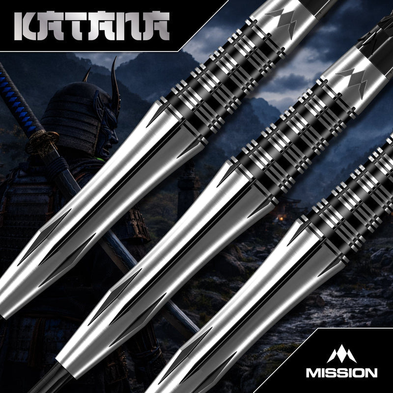 Katana Steel Tip Darts – silver and black barrels and points in close-up