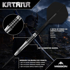 Mission Katana Steel Tip Darts 95% Tungsten — dart features diagram