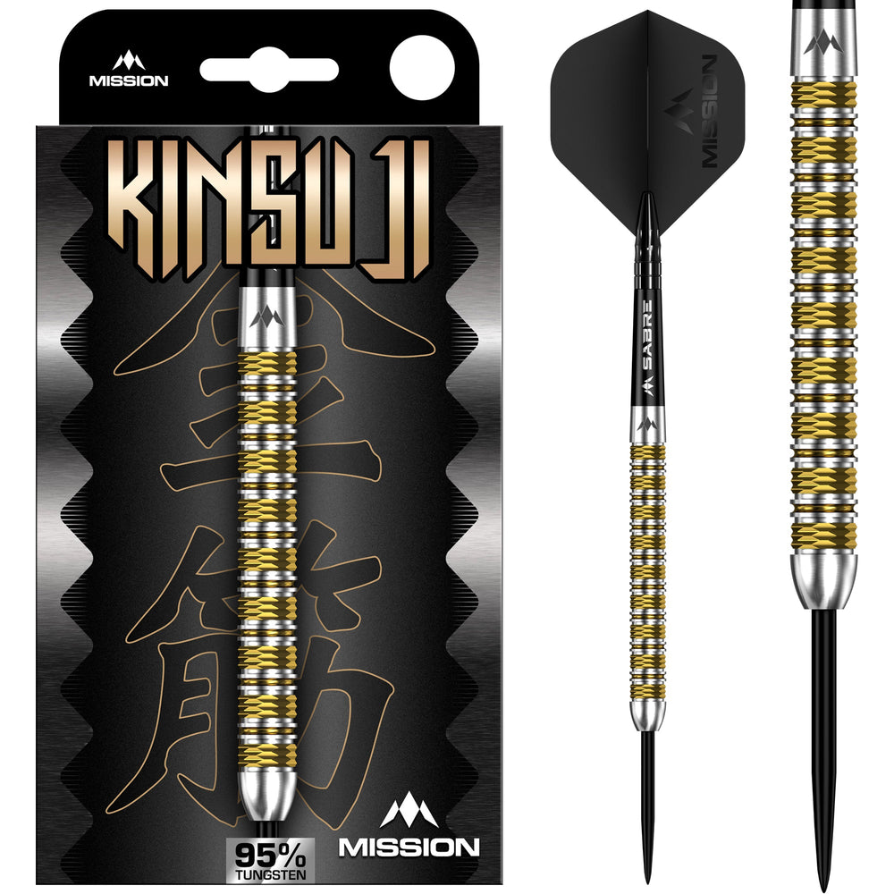 Mission Kinsuji Steel Tip Darts 95% Tungsten — dart, barrel detail and packaging