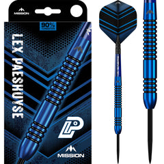 Mission Lex Paeshuyse Steel Tip Darts 90% Tungsten — dart, barrel detail and packaging