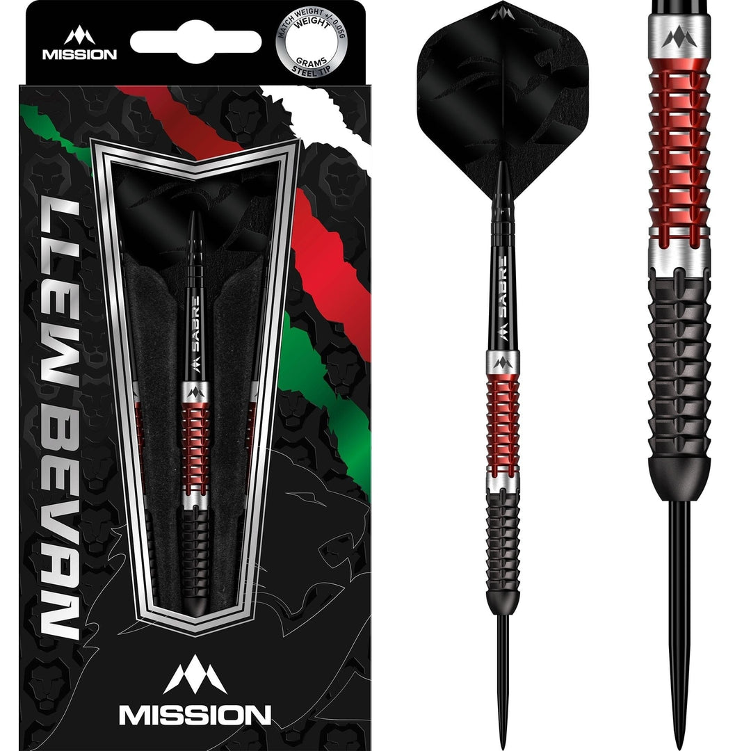 Mission Llew Bevan Steel Tip Darts 90% Tungsten — dart, barrel detail and packaging