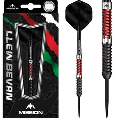 Mission Llew Bevan Steel Tip Darts 90% Tungsten — dart, barrel detail and packaging