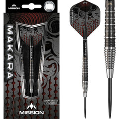 Mission Makara M2 Steel Tip Darts 90% Tungsten — dart, barrel detail and packaging