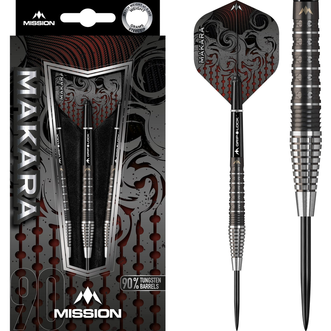 Mission Makara M2 Steel Tip Darts 90% Tungsten — dart, barrel detail and packaging