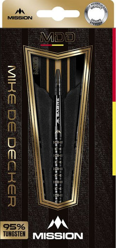 Mission Mike De Decker Black and Gold Steel Tip Darts 95% Tungsten — retail packaging