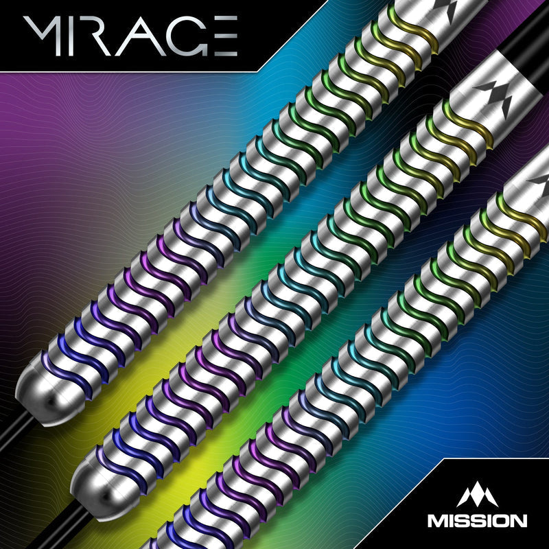 Mirage Steel Tip Darts – silver barrels with multicoloured grip grooves in close-up