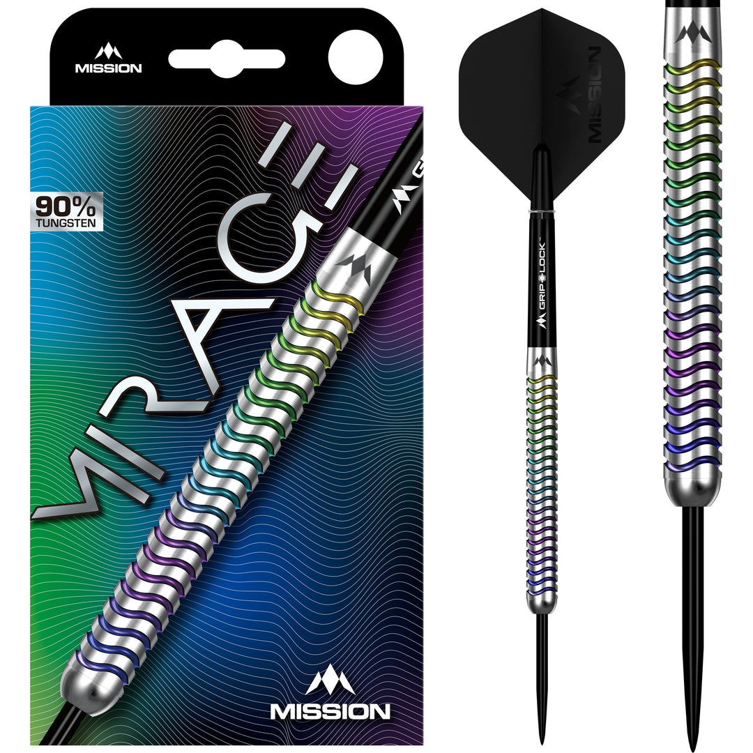 Mission Mirage Steel Tip Darts 90% Tungsten — dart, barrel detail and packaging