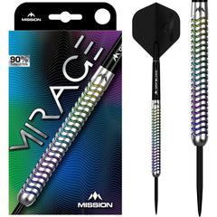 Mission Mirage Steel Tip Darts 90% Tungsten — dart, barrel detail and packaging