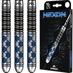 Mission Hexon Blue Steel Tip Darts 90% Tungsten — barrels and packaging