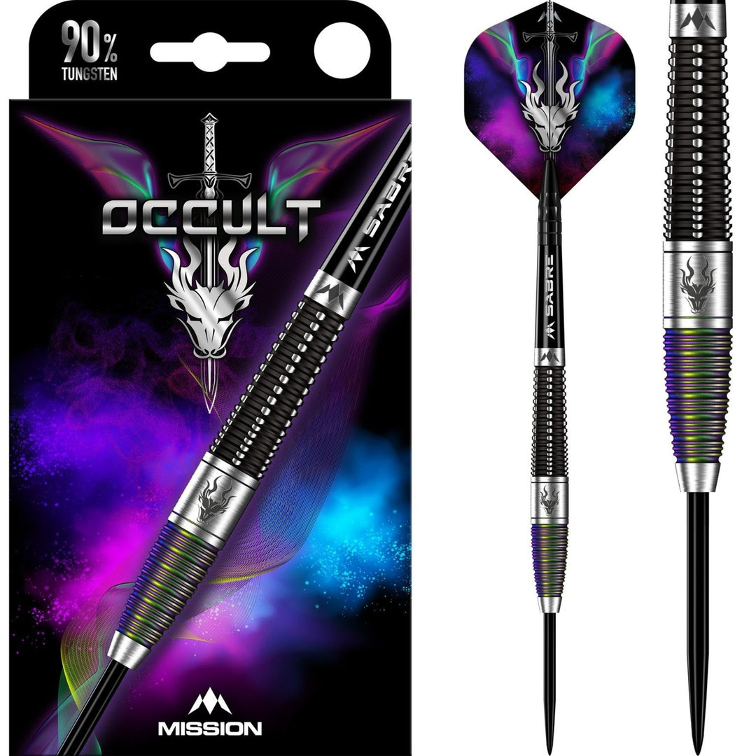 Mission Occult Steel Tip Darts 90% Tungsten — dart, barrel detail and packaging