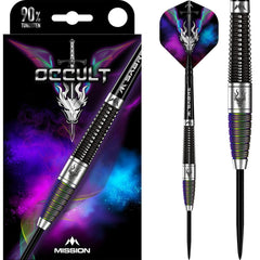 Mission Occult Steel Tip Darts 90% Tungsten — dart, barrel detail and packaging