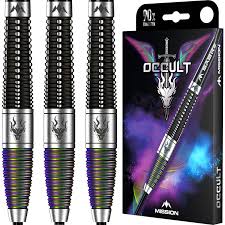 Mission Occult Steel Tip Darts 90% Tungsten — barrels and packaging