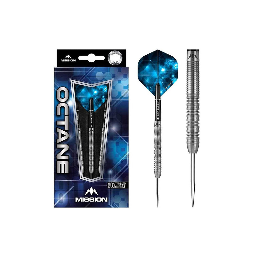 Mission Octane M5 Twin Grip 25g 80% tungsten steel tip darts set with packaging and barrel detail