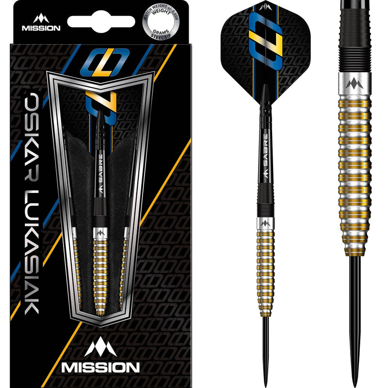 Mission Oskar Lukasiak Black and Gold Pvd Steel Tip Darts 95% — dart, barrel detail and packaging