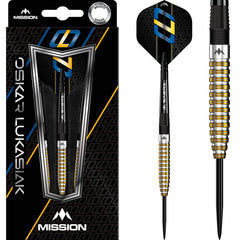 Mission Oskar Lukasiak Black and Gold Pvd Steel Tip Darts 95% — dart, barrel detail and packaging