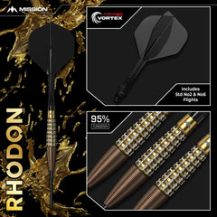 Mission Rhodon Bronze and Gold Steel Tip Darts 95% Tungsten — dart and grip detail graphic