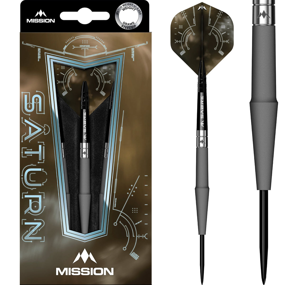 Mission Saturn Hyperion Steel Tip Darts 90% Tungsten — dart, barrel detail and packaging