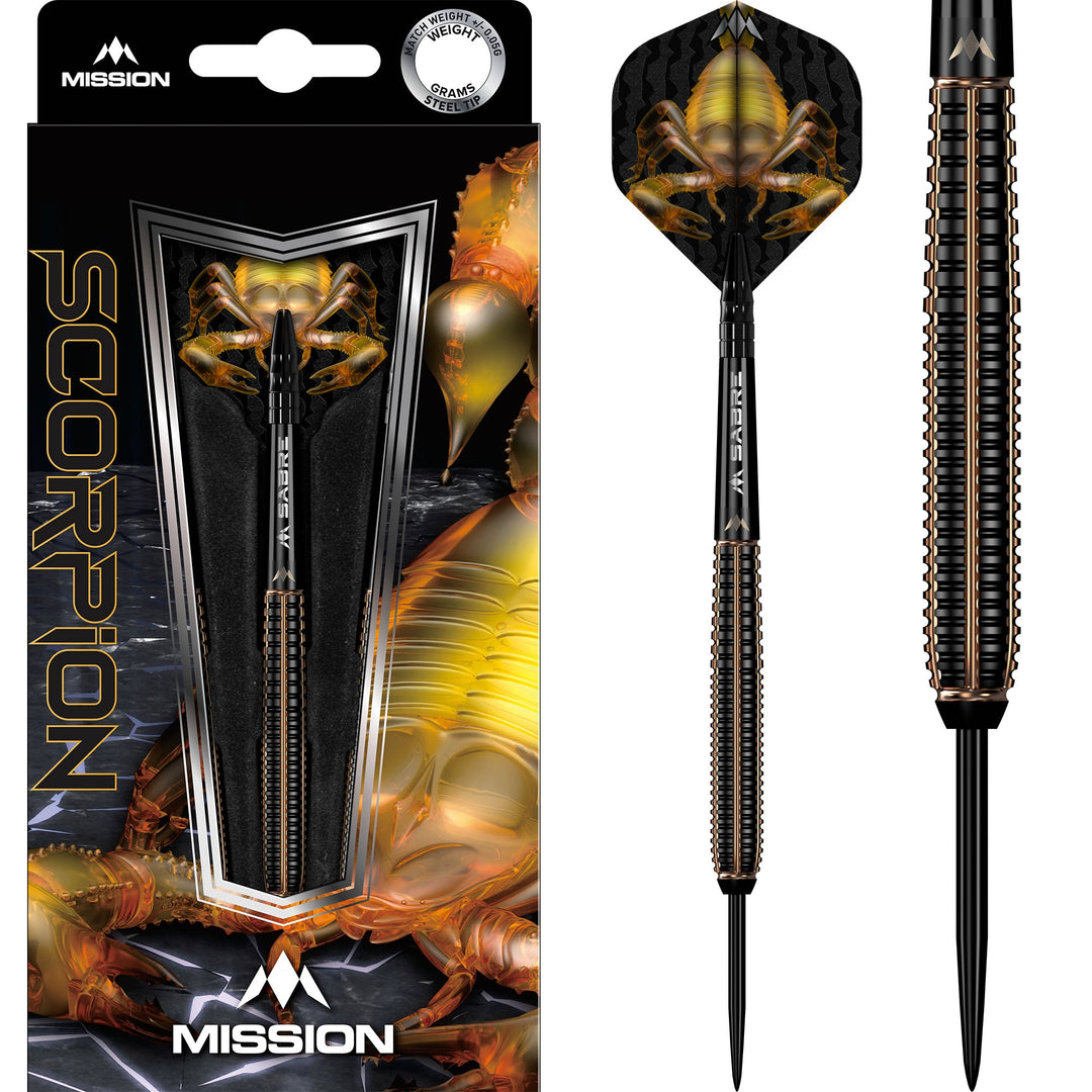 Mission Scorpion Steel Tip Darts 90% Tungsten — dart, barrel detail and packaging