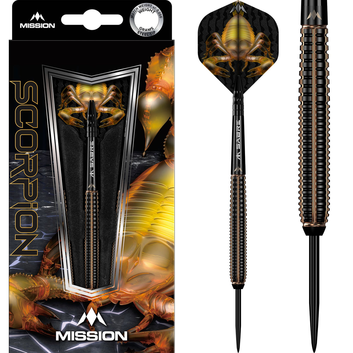 Scorpion Steel Tip Darts - 90% Tungsten — three barrel close-ups